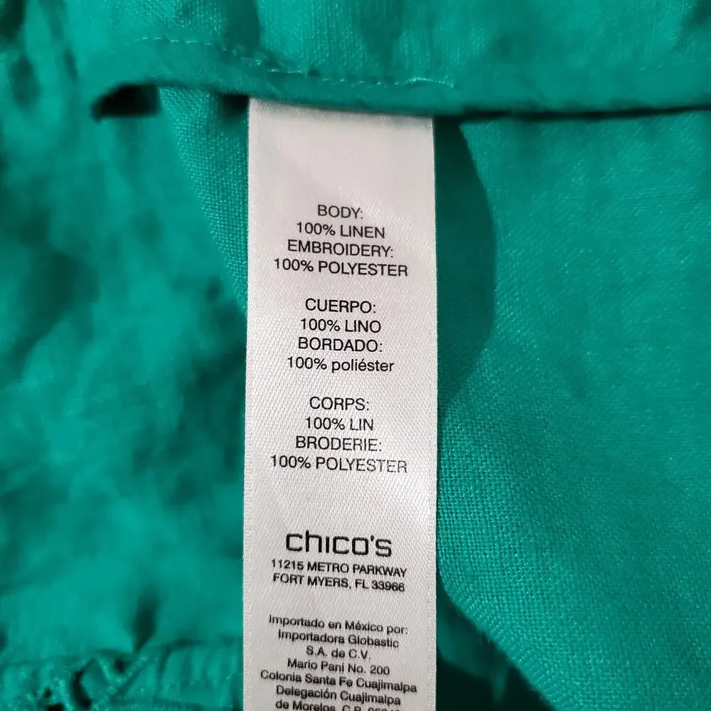 Chicos Eyelet Linen Zip Jacket Womens Size 0 US S 4 Green Natural Coastal Lace - Picture 9 of 13